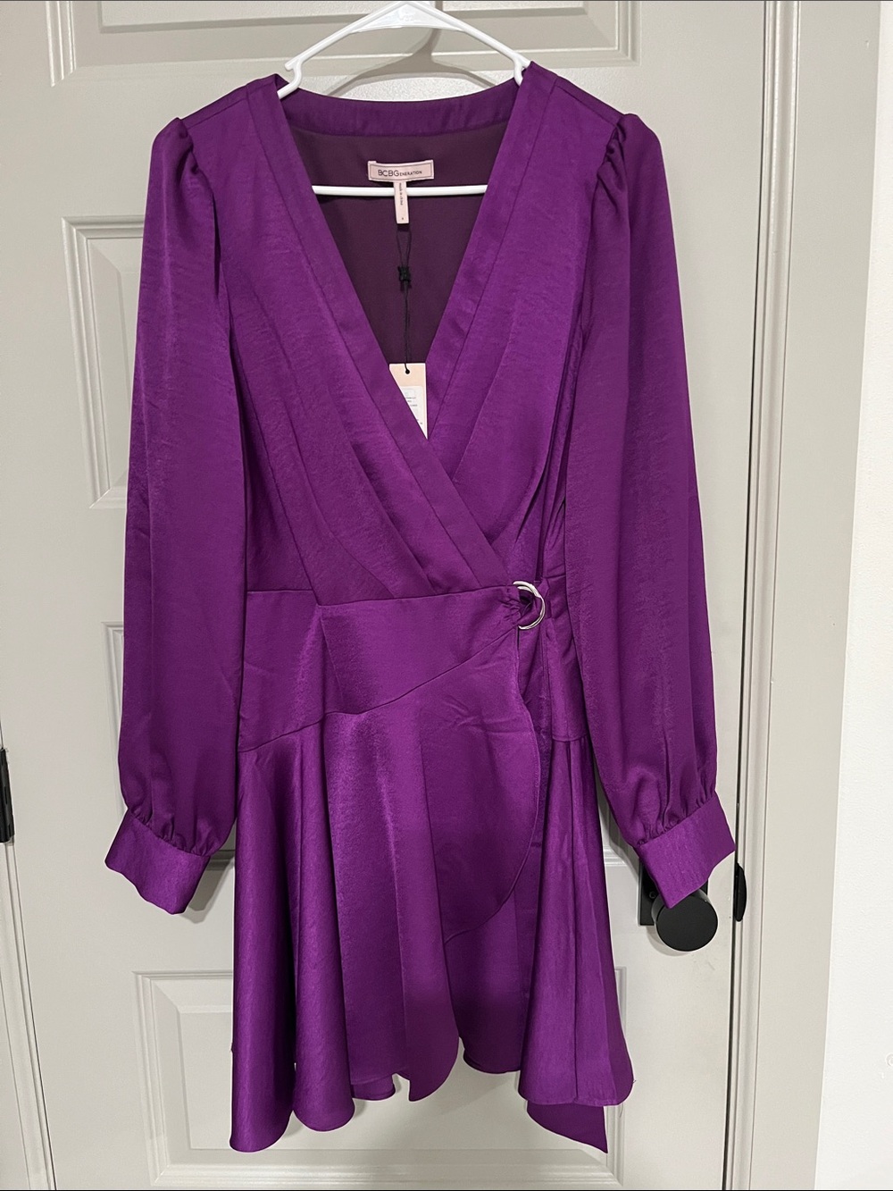 BCBGeneration Purple Long Sleeve Wrap Mini Dress with Ring Detail